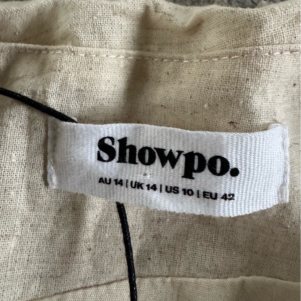 SHOWPO Cincinnati maxi beige Dress off shoulder cotton linen slit classy 10 new - Picture 3 of 15